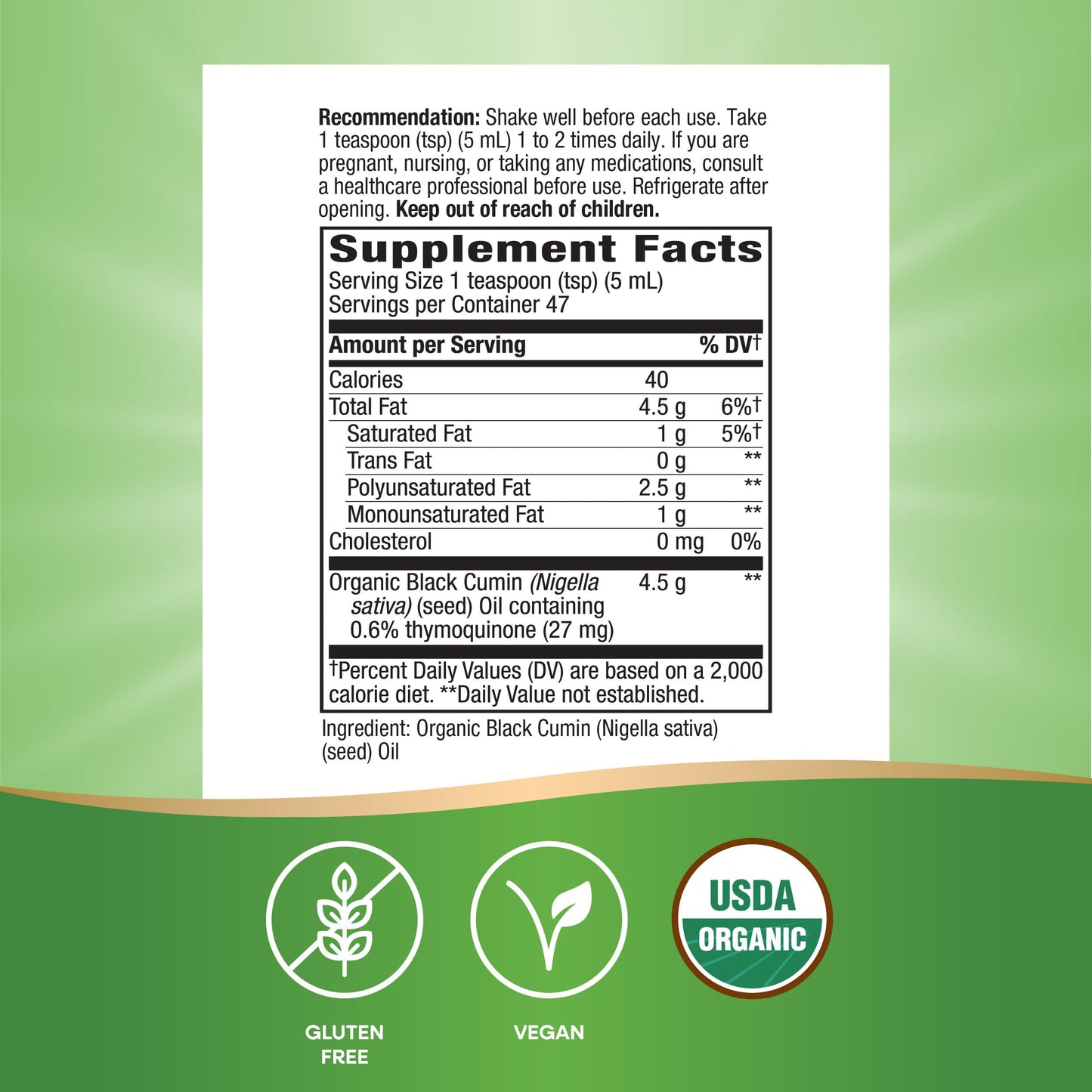 USA imported Nature's Way organic dietary supplement bottle highlighting cold pressed unrefined quality.