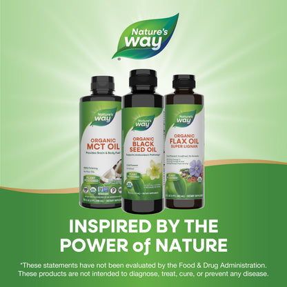 Nature's Way organic black seed oil bottle back panel displaying the standard dosage instructions.