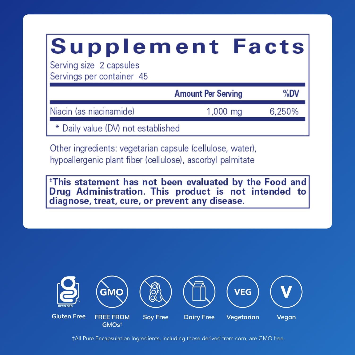 Pure Encapsulations Vitamin B3 dietary supplement for glucose metabolism showing supplement facts panel.