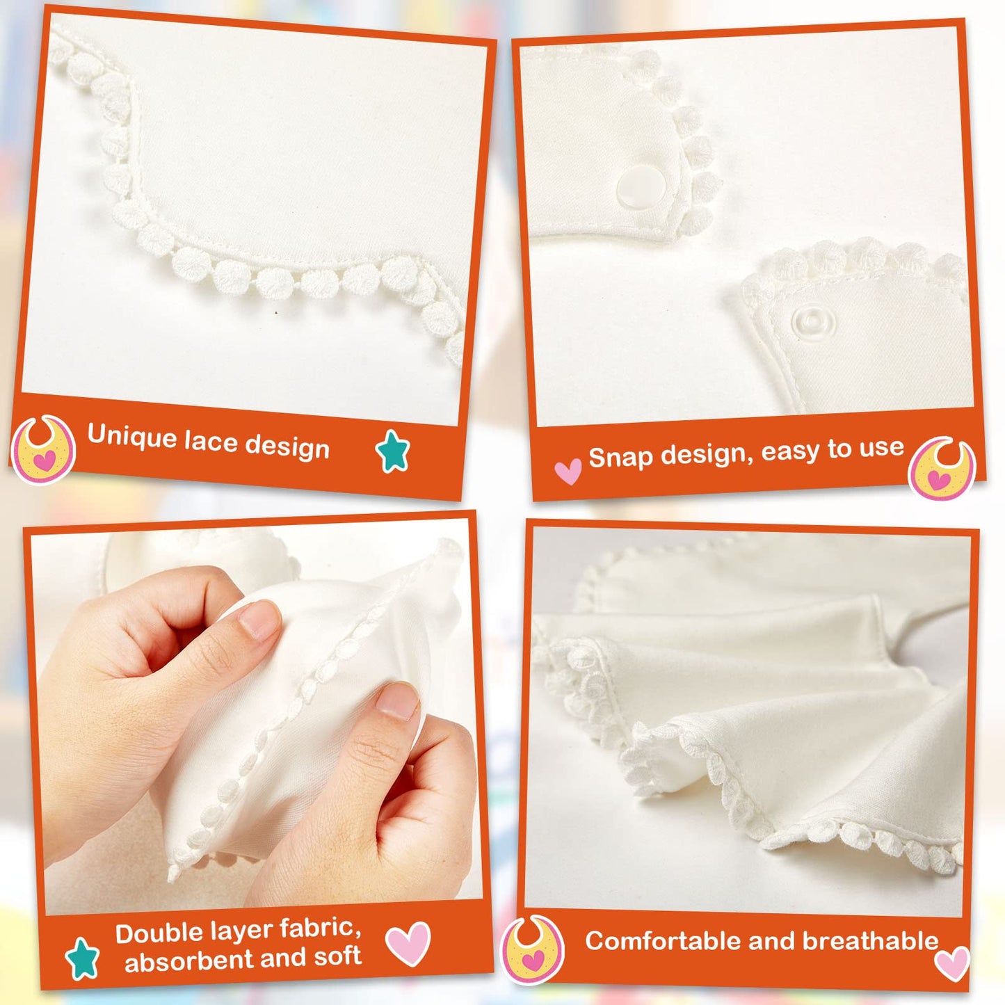 Close up of soft cotton muslin fabric and pom-pom trim on JenPen baby bibs