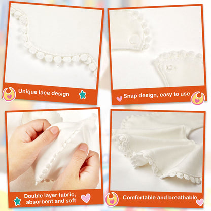Close up of soft cotton muslin fabric and pom-pom trim on JenPen baby bibs