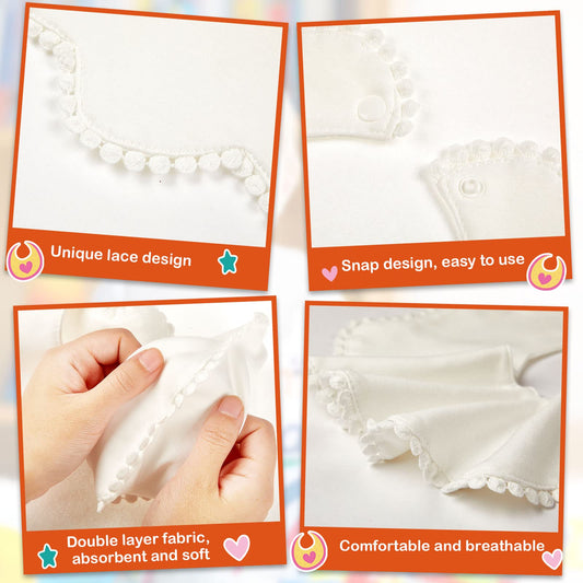 Close up of soft cotton muslin fabric and pom-pom trim on JenPen baby bibs