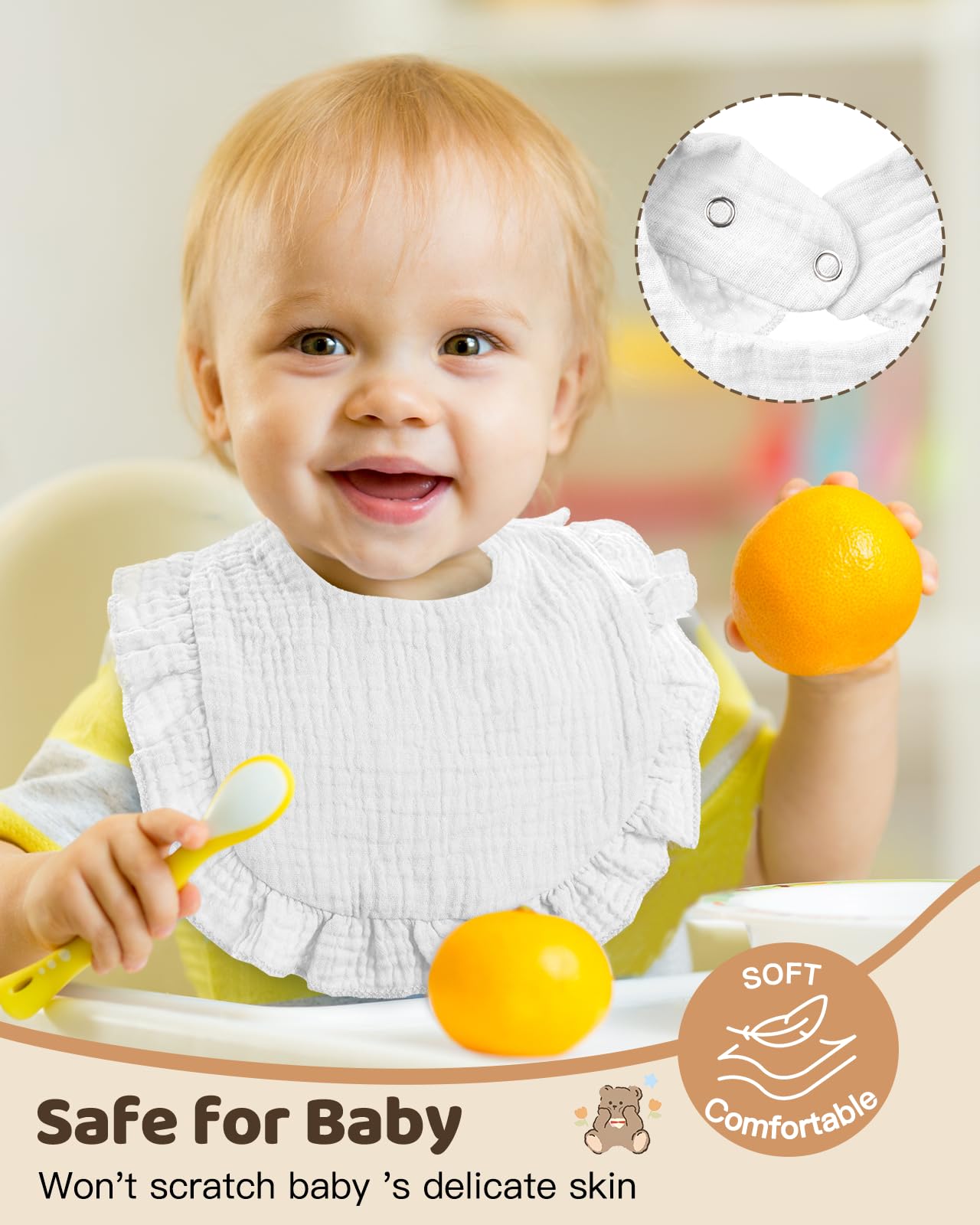 Lictin cotton muslin baby bibs showing adjustable snap buttons