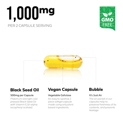 Better Place Organics non-GMO certified black seed capsules placed next to the imported USA origin bottle.