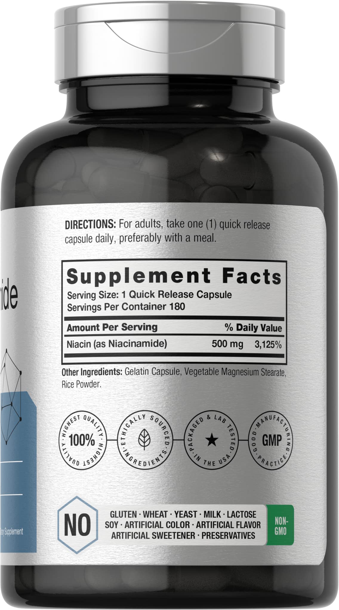 Horbäach Vitamin B3 flush free 500mg capsules nutritional information label panel details