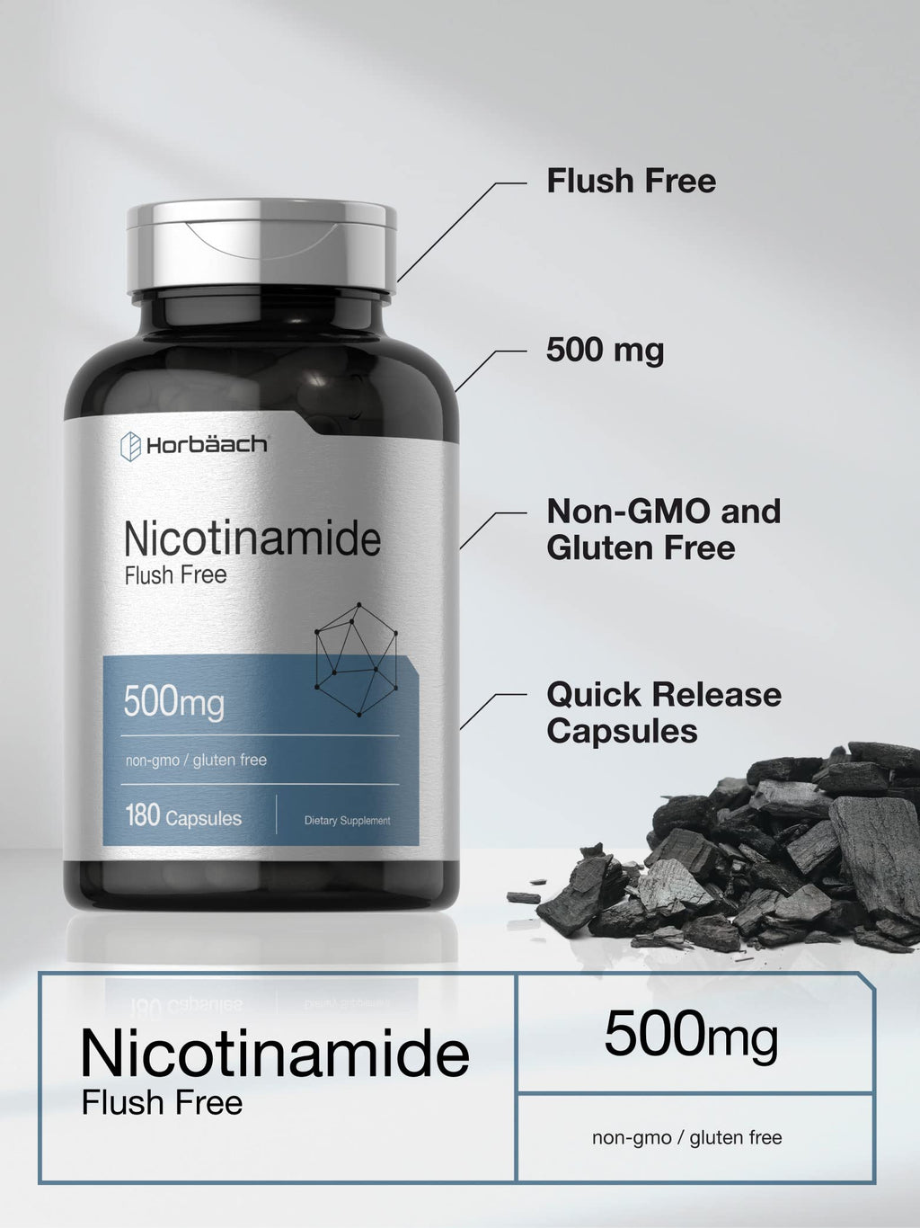 Horbäach Nicotinamide 180 quick release non-GMO capsules angled bottle view