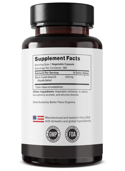 Side view of Better Place Organics black seed oil supplement detailing the adult daily usage instructions.