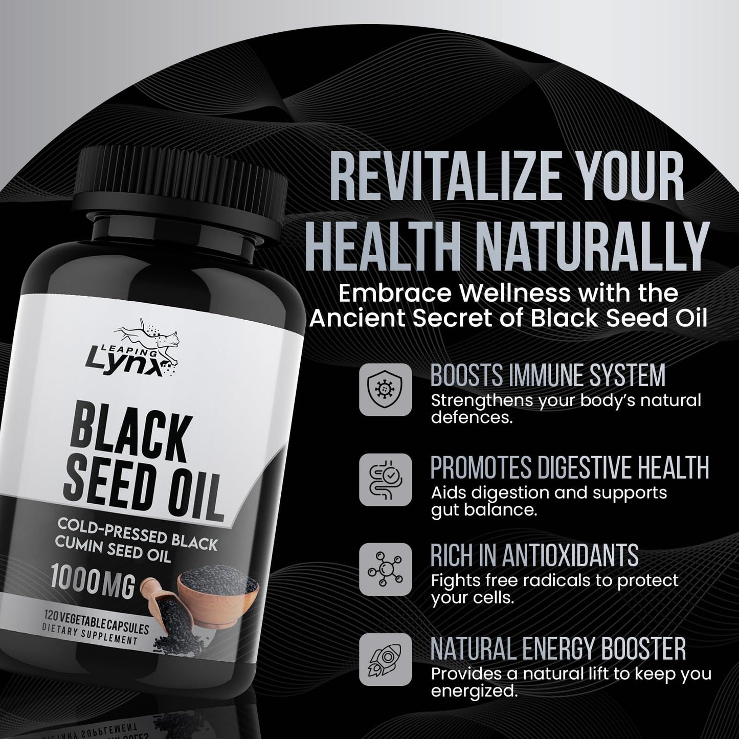 Pure non-GMO USA imported black seed oil capsules close up view.