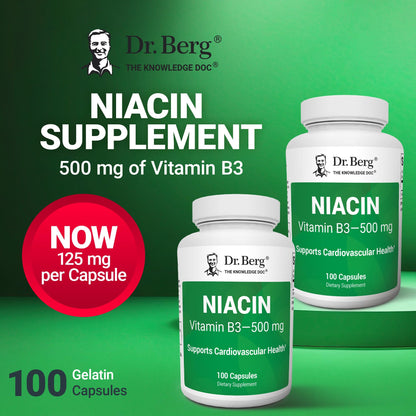 Dr. Berg Niacin bottle with heart health and energy icons