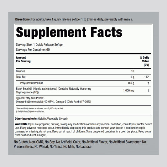 Piping Rock Black Cumin Seed Oil supplement bottle showing 1000mg dosage label