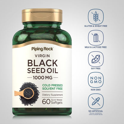 Side profile of Piping Rock non GMO solvent free black seed oil packaging