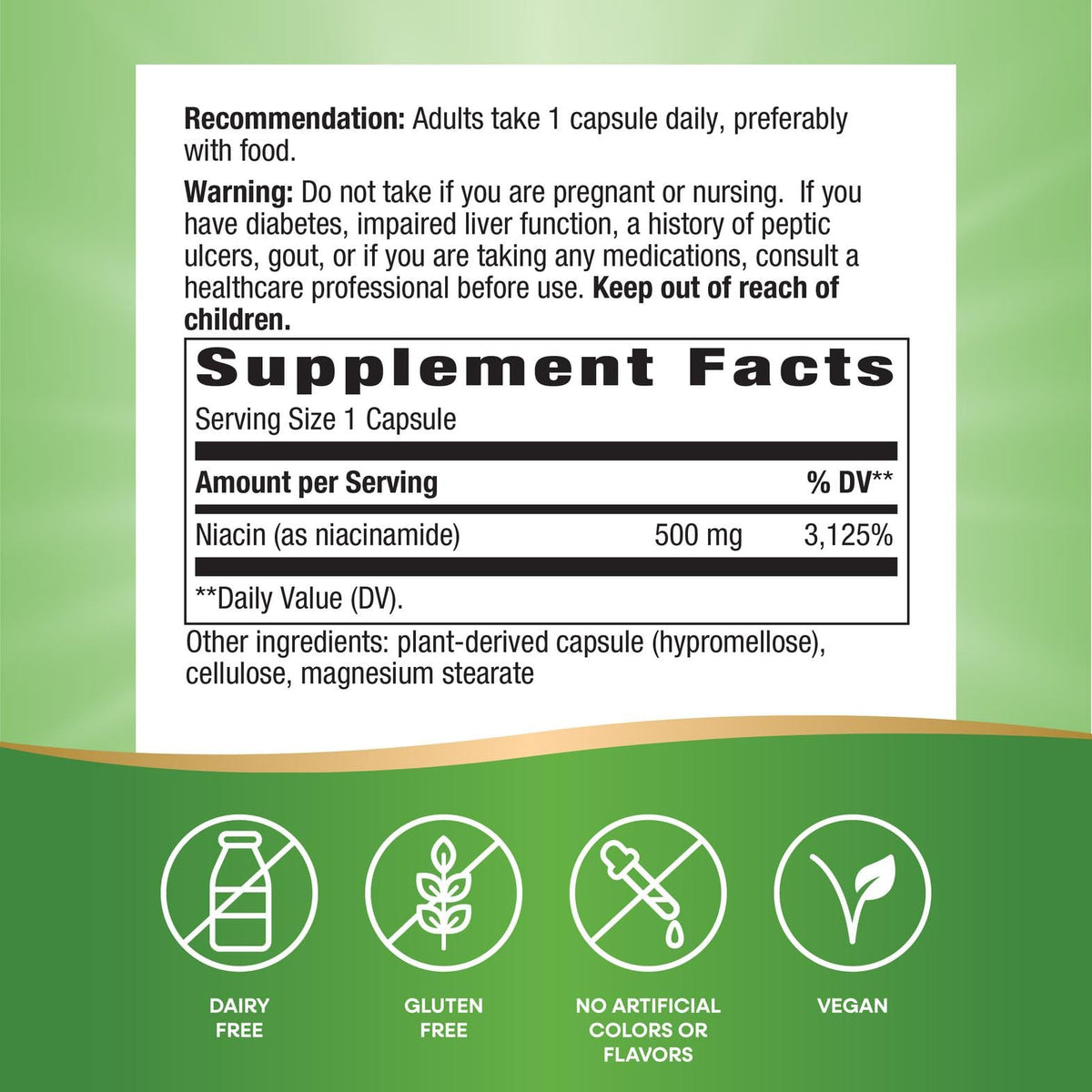 Nature's Way Niacinamide 100 capsule container top view detailing safety seal packaging