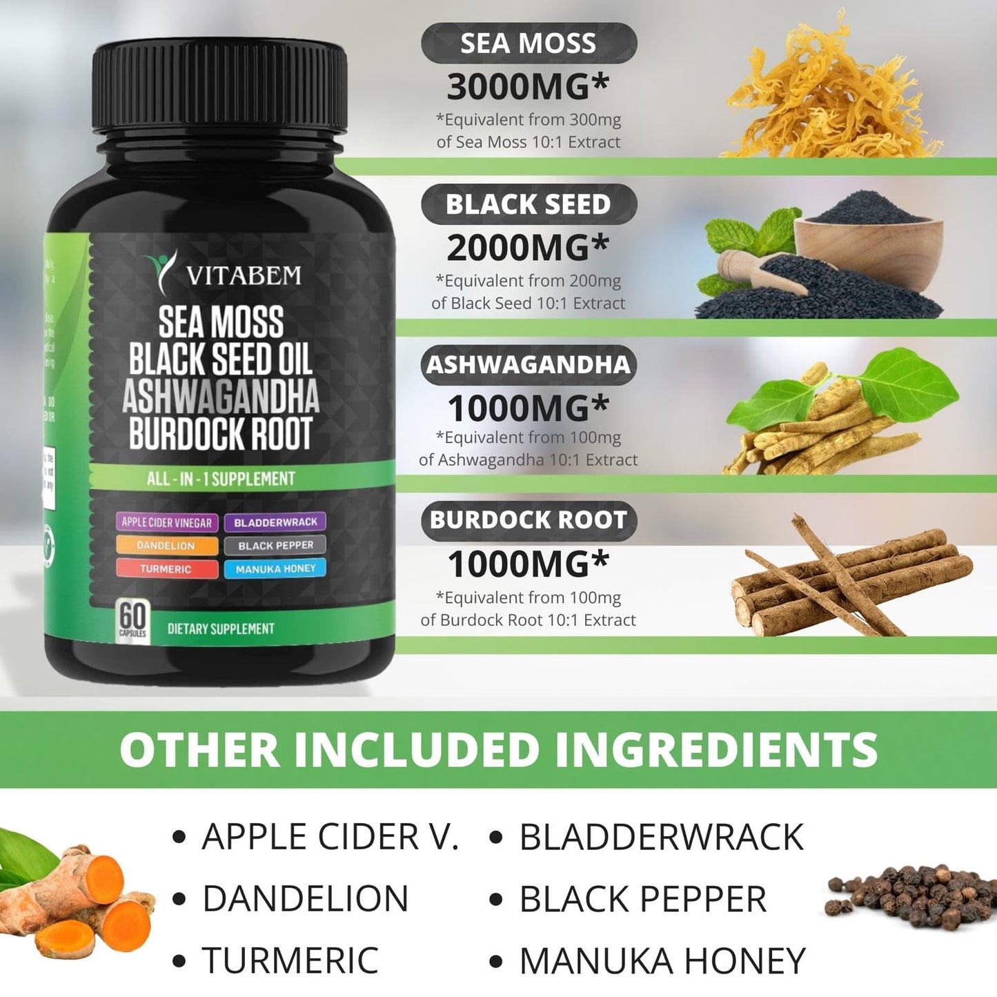 BIYODE Vitabem 7 in 1 advanced multimineral capsules demonstrating exact supplement facts and ingredient profile lists.