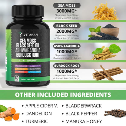 BIYODE Vitabem 7 in 1 advanced multimineral capsules demonstrating exact supplement facts and ingredient profile lists.