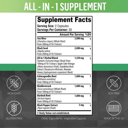 BIYODE Irish sea moss capsule supplement showcasing the blend of premium superfoods including ashwagandha and turmeric.