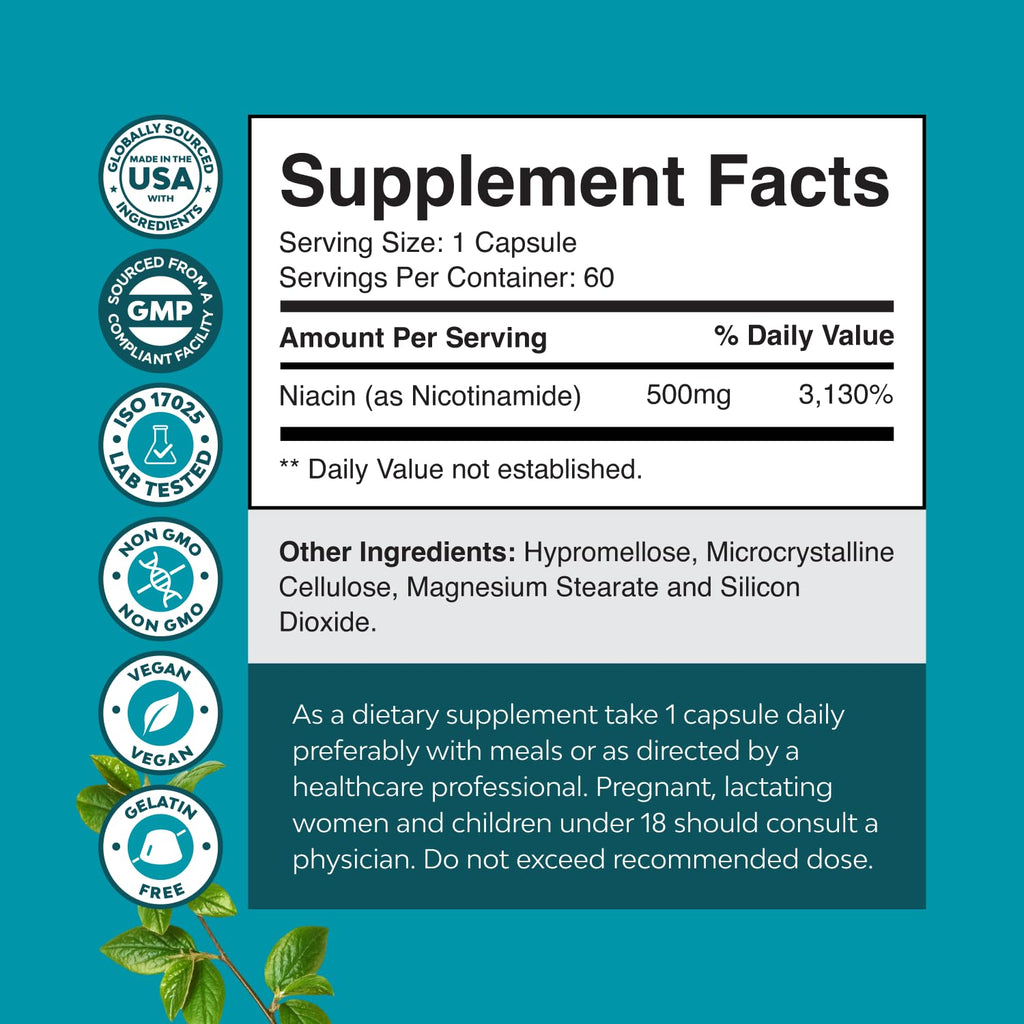 Premium imported nicotinamide 500mg dietary supplement capsules next to the packaging