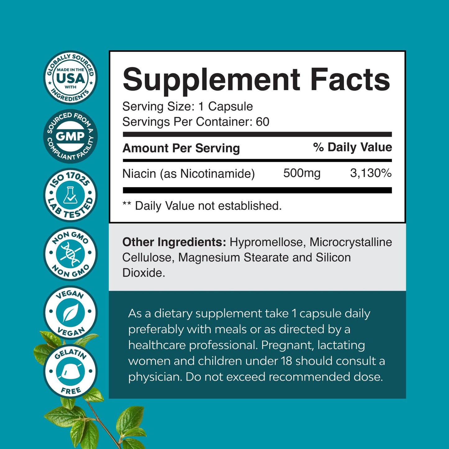 Premium imported nicotinamide 500mg dietary supplement capsules next to the packaging