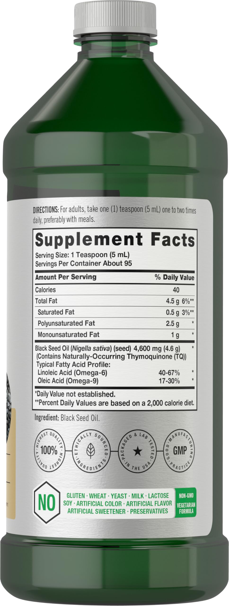 Horbaach cold pressed black cumin seed oil liquid bottle with omega 6 and 9 nutritional facts