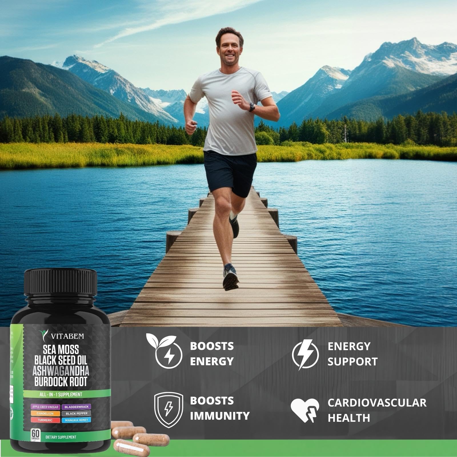 Close up view of BIYODE sea moss and black seed oil dietary supplement for comprehensive metabolic health.