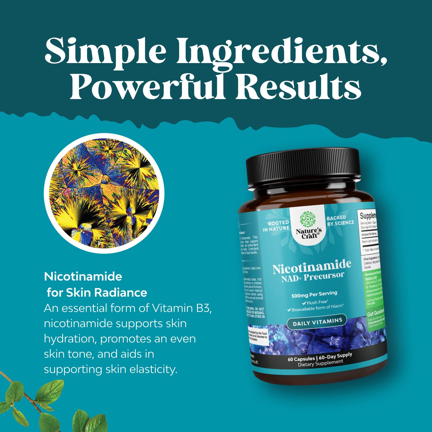 Side view of no flush niacin supplement packaging emphasizing antioxidant benefits for glowing skin