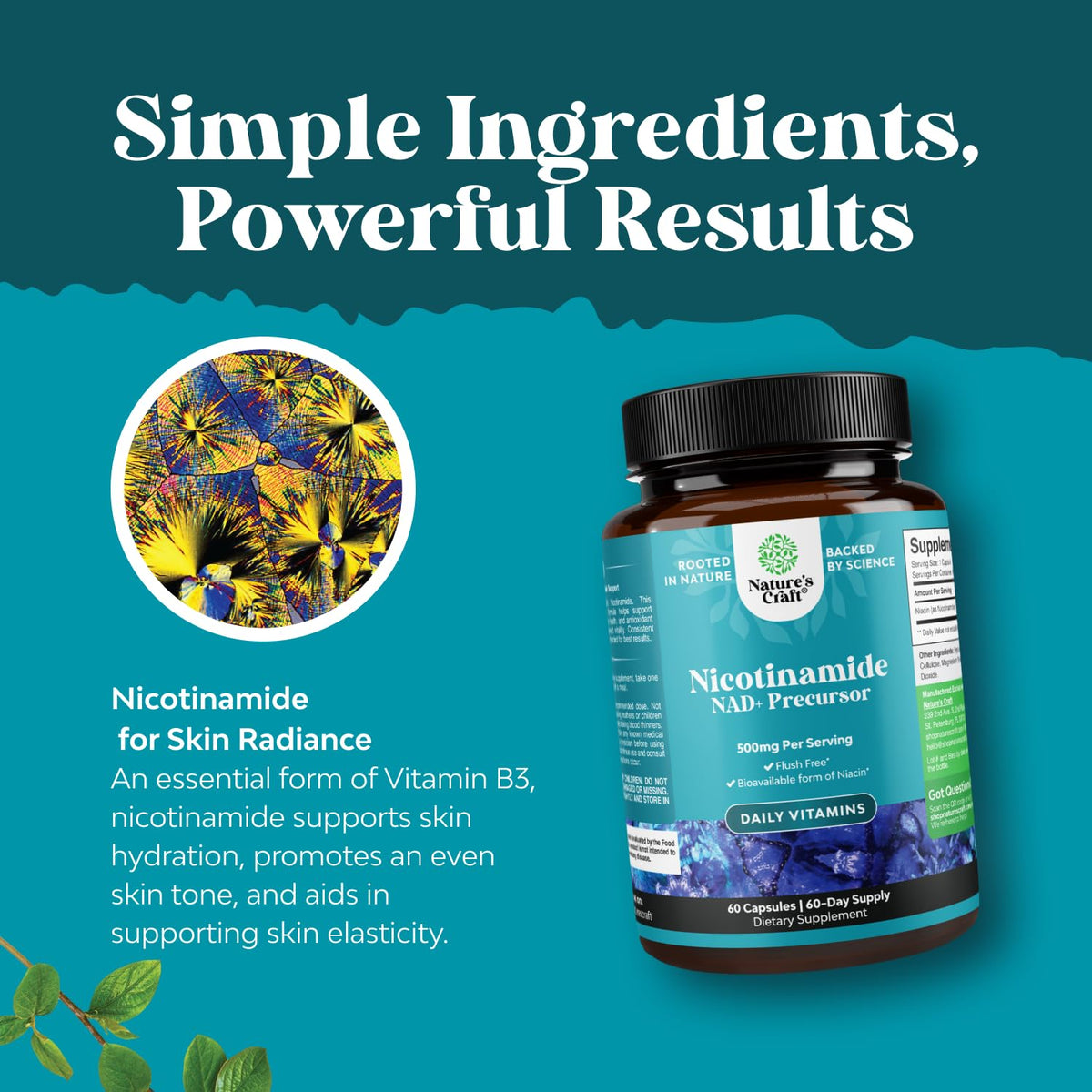 Side view of no flush niacin supplement packaging emphasizing antioxidant benefits for glowing skin