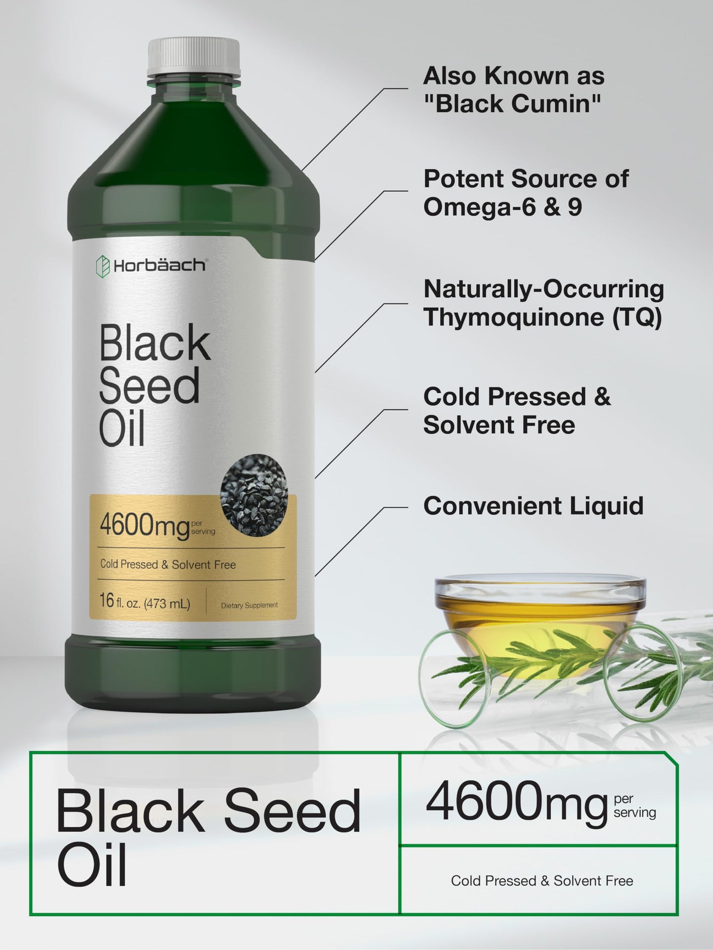 Horbaach premium solvent free black seed oil liquid showing ingredient specifications