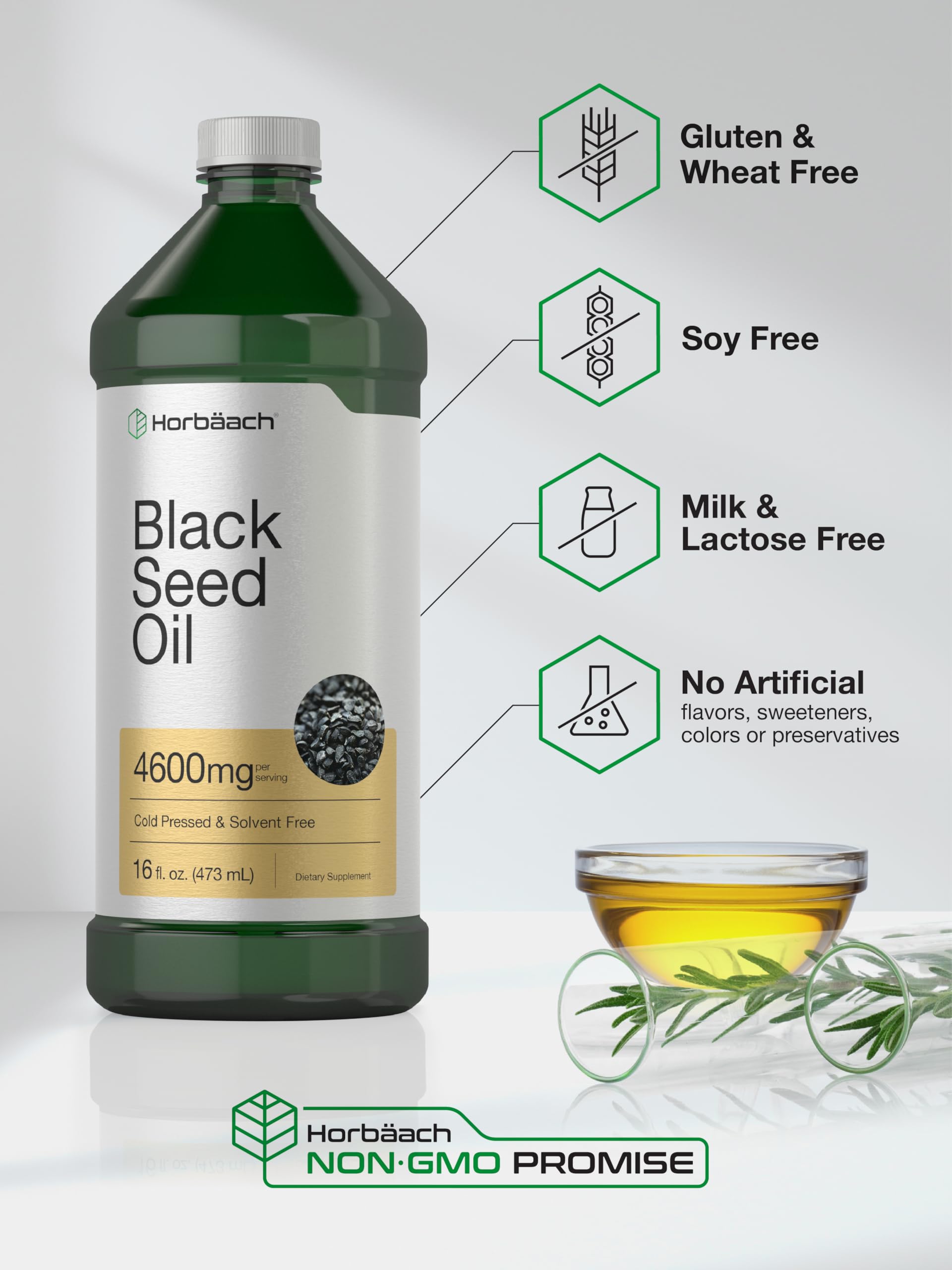 Horbaach non GMO gluten free black seed oil 4600 milligrams supplement bottle back label