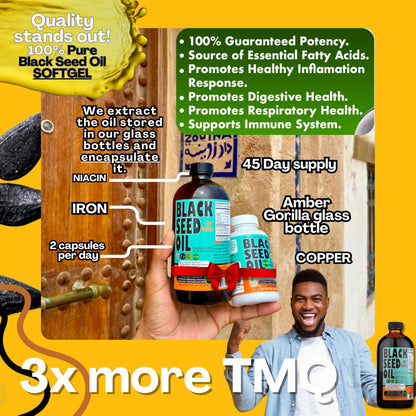 Sweet Sunnah cold pressed black cumin seed oil softgels showcasing the clear nutritional label and ingredient transparency.
