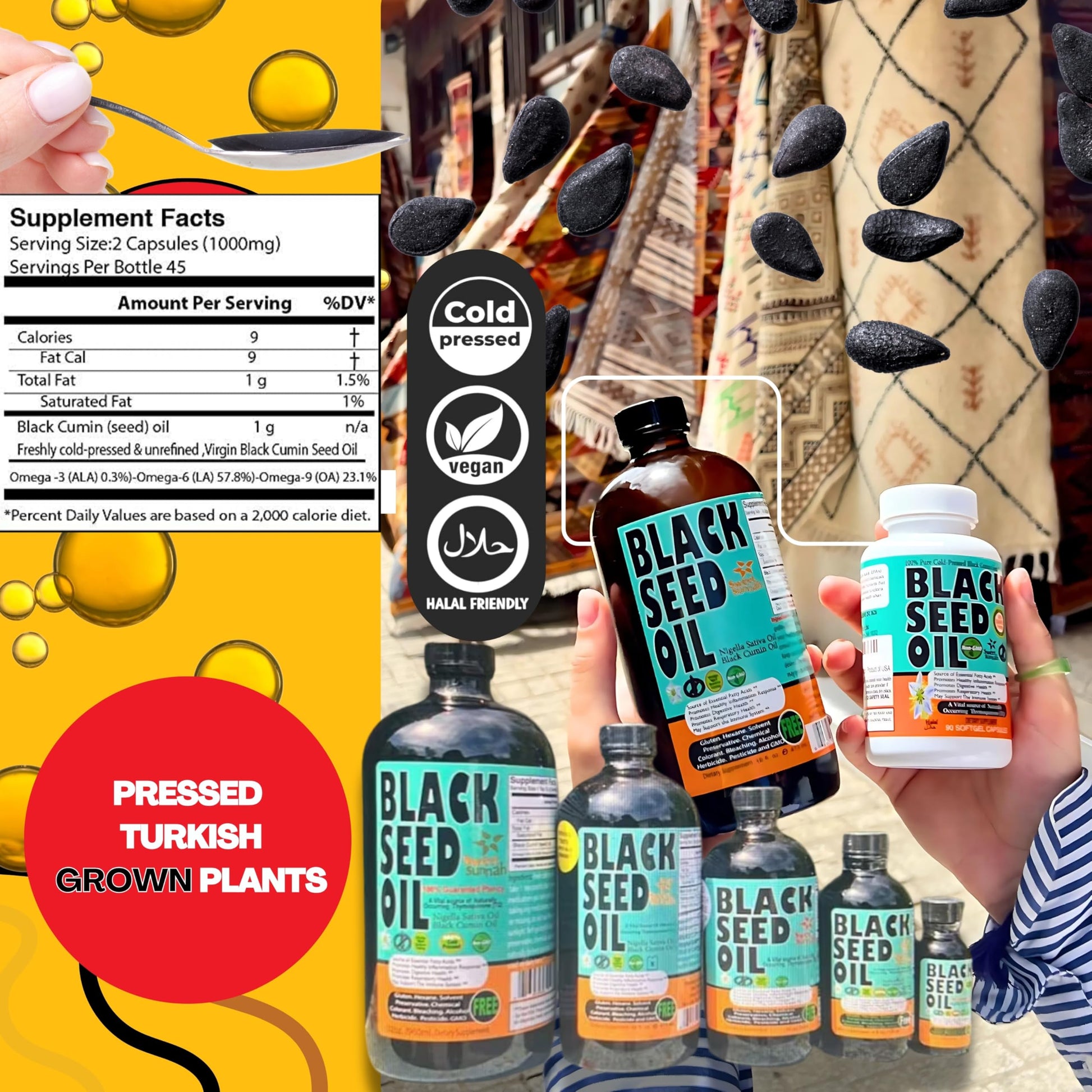 Back view of Sweet Sunnah Nigella Sativa supplement detailing the 3X Thymoquinone concentration and USA manufacturing details.