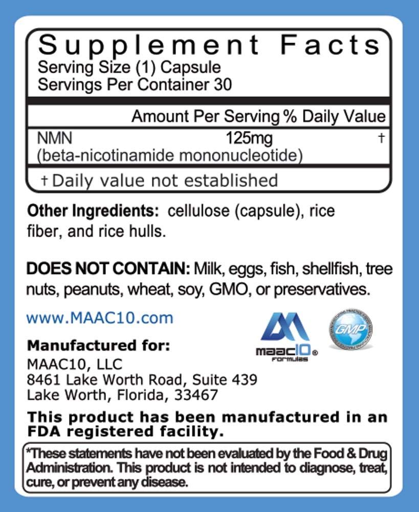 MAAC10 Nicotinamide Mononucleotide stabilized NAD plus precursor supplement facts label.
