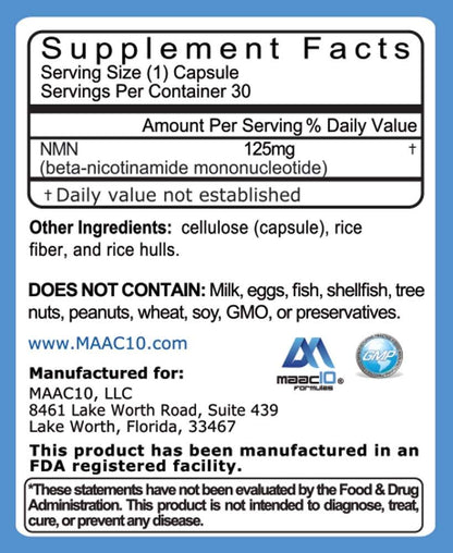 MAAC10 Nicotinamide Mononucleotide stabilized NAD plus precursor supplement facts label.