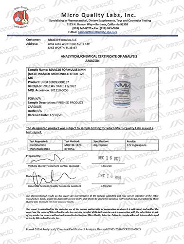 Premium anti aging NMN capsules by MAAC10 Formulas showing product details.
