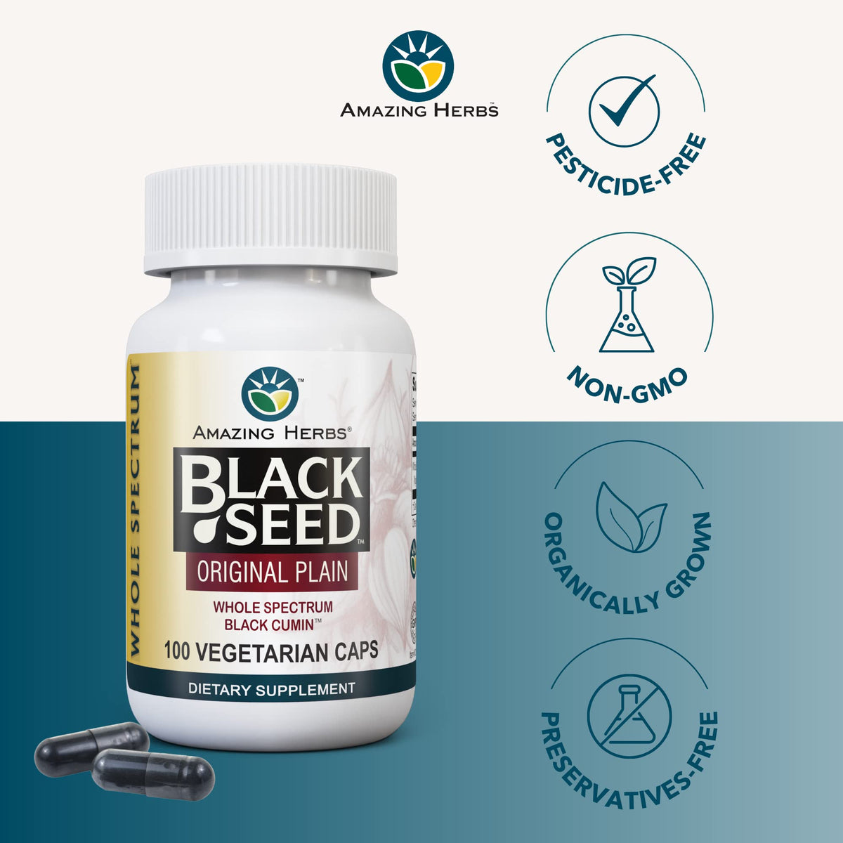 Amazing Herbs Nigella Sativa vegetarian capsules close up view