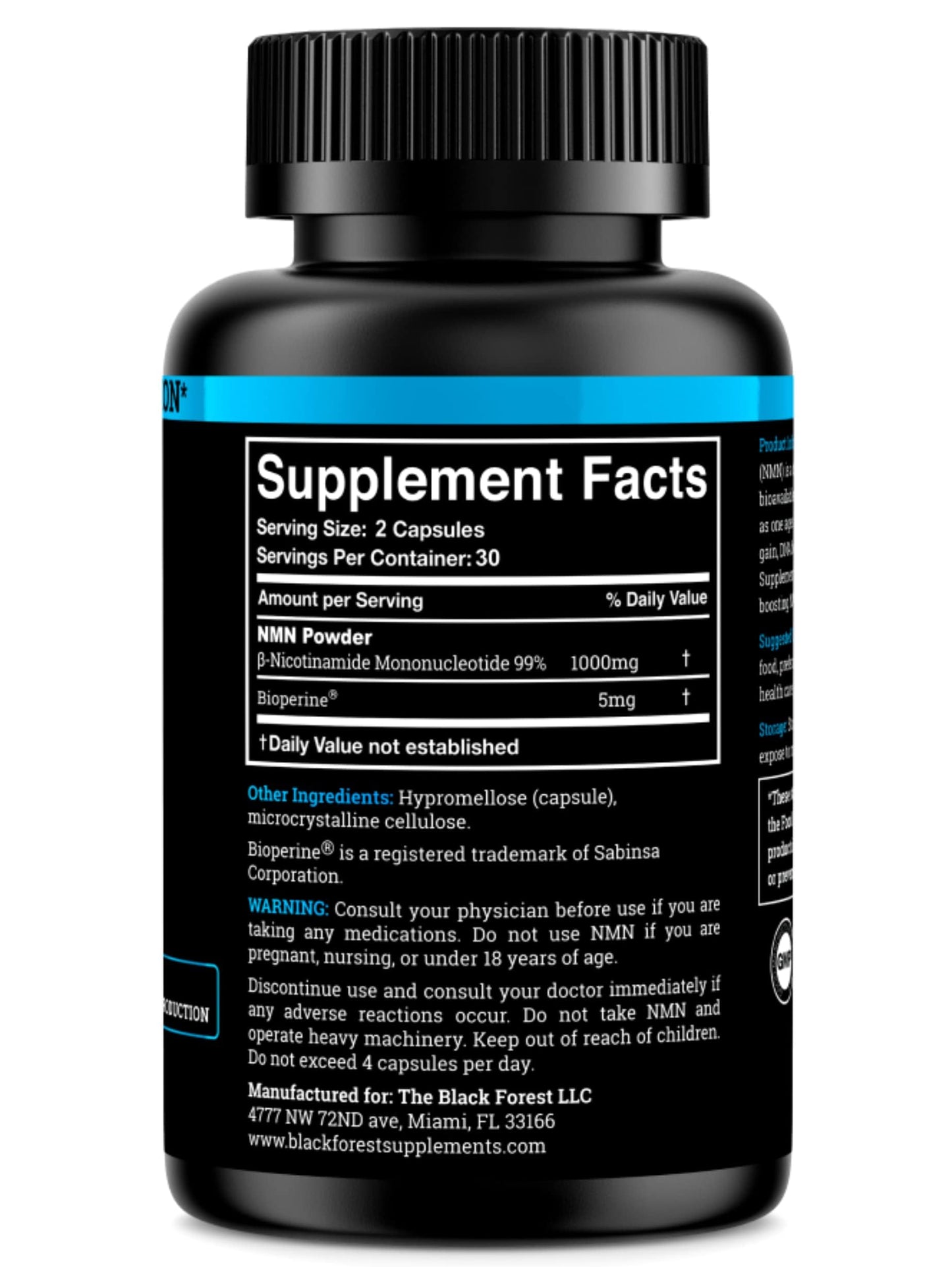 Black Forest Nicotinamide Mononucleotide 60 vegetarian capsules label details