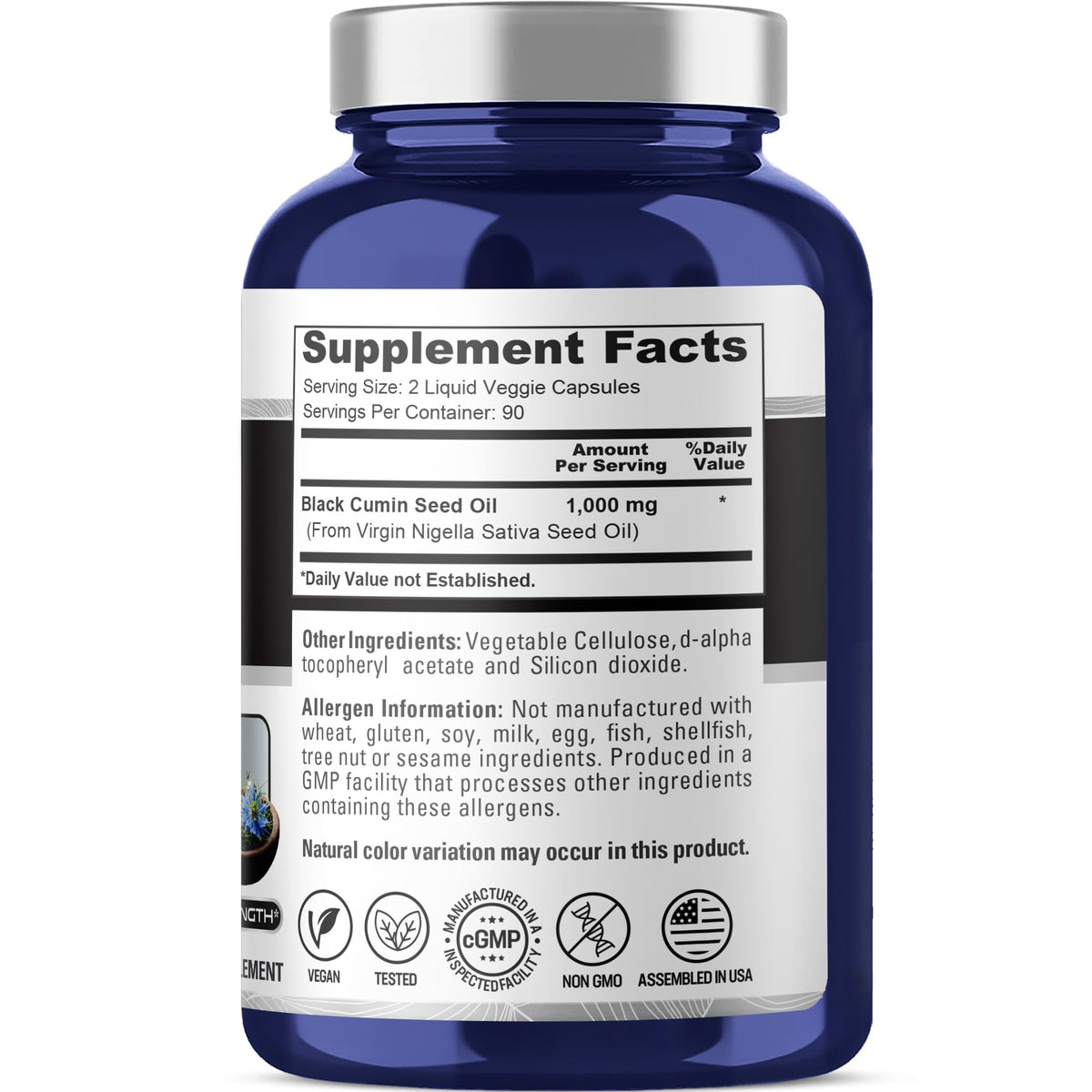 NusaPure Black Seed Oil 180 count capsule label details