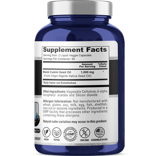NusaPure cold pressed virgin Nigella Sativa supplement nutrition facts panel