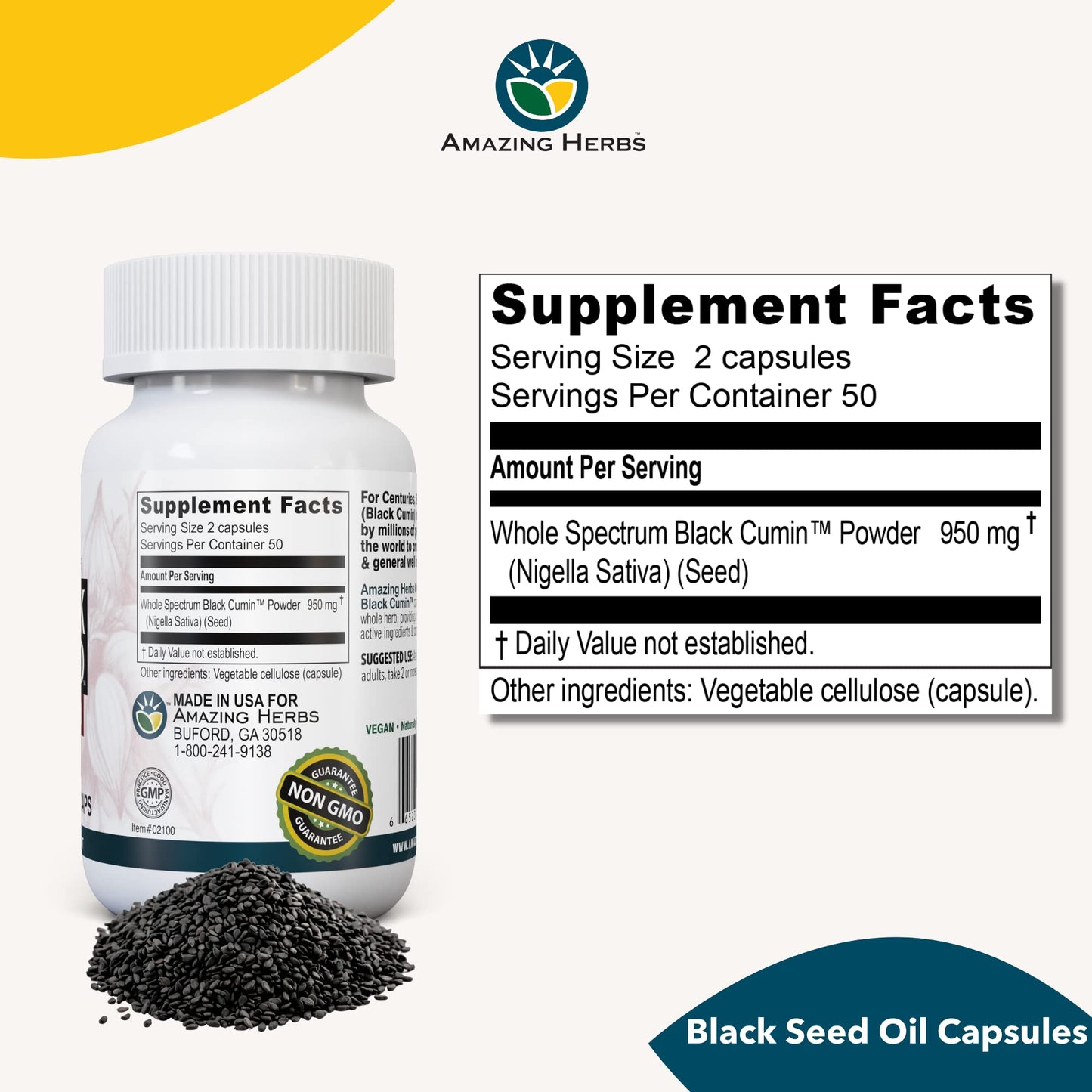 Amazing Herbs whole spectrum black cumin seed capsules for immune and digestive health