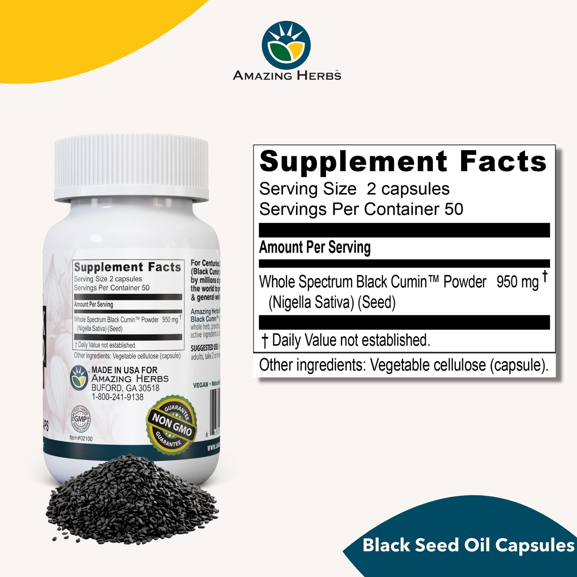 Amazing Herbs whole spectrum black cumin seed capsules for immune and digestive health