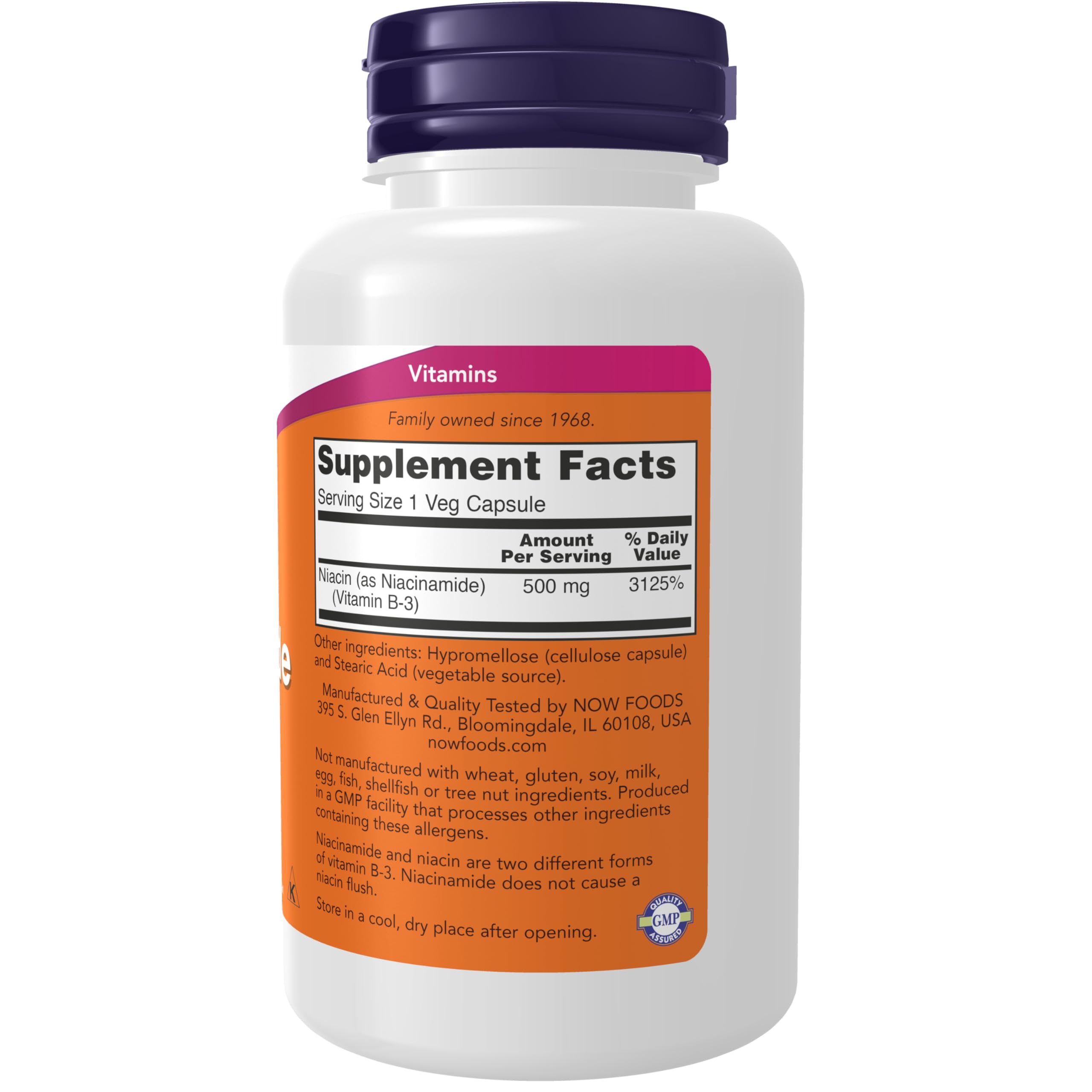 NOW Foods Vitamin B3 flush free formula supplement facts label close up