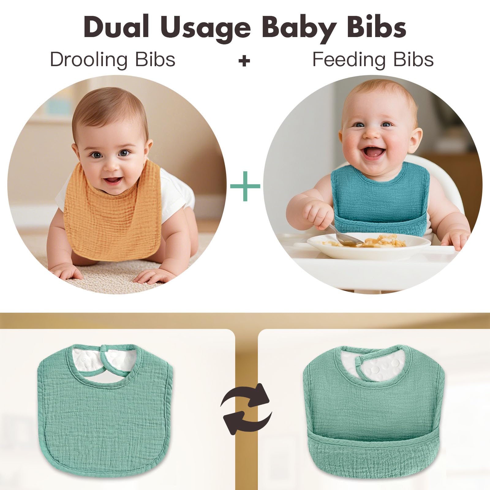 Close up of soft muslin fabric texture on Comfyroll baby bibs