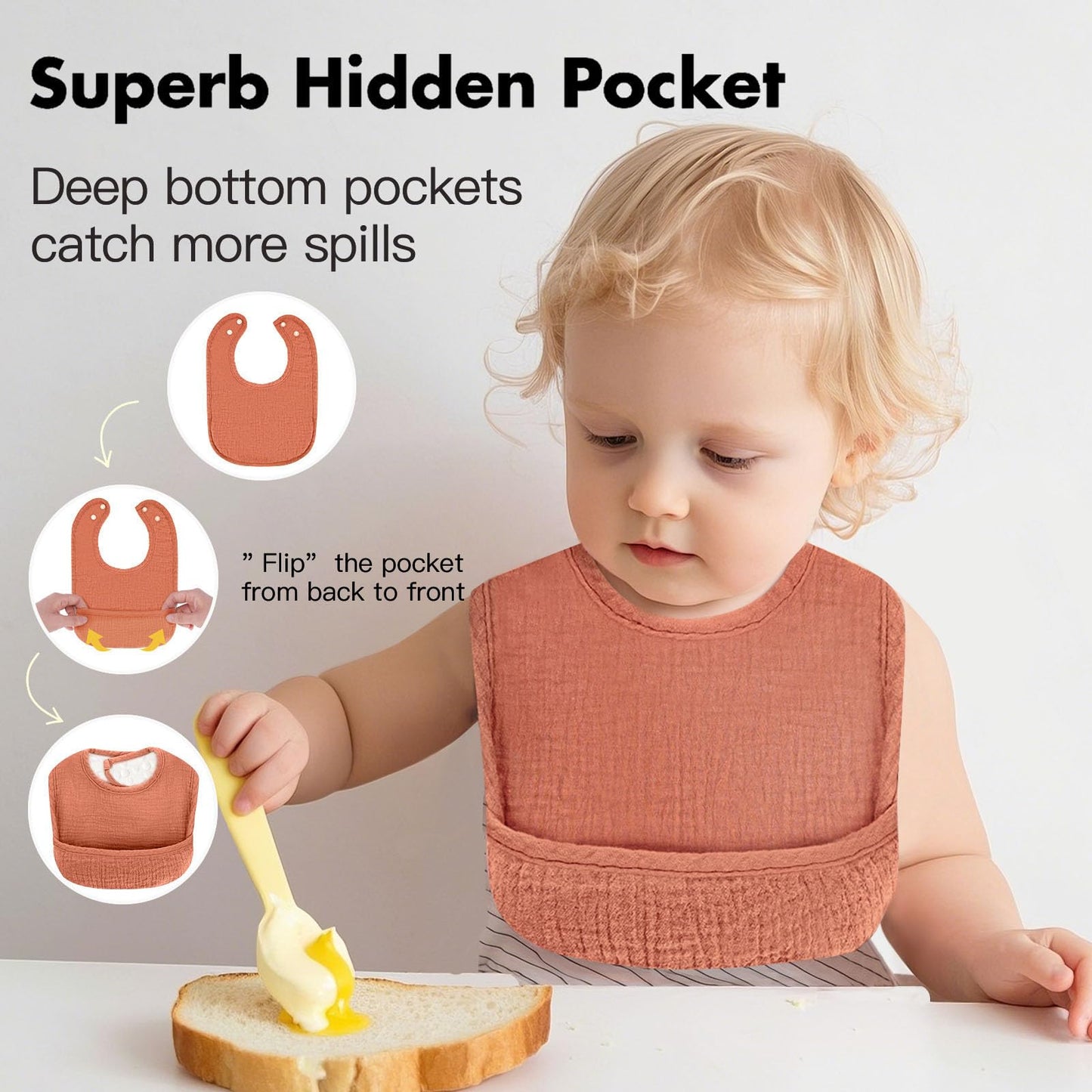 Comfyroll baby bib showing adjustable nickel-free snap buttons