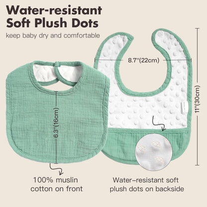 Model baby wearing Comfyroll cotton drool bib with hidden pocket