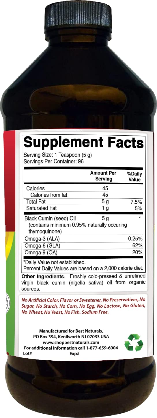 Best Naturals black seed oil 16 fluid ounces label supplement facts view