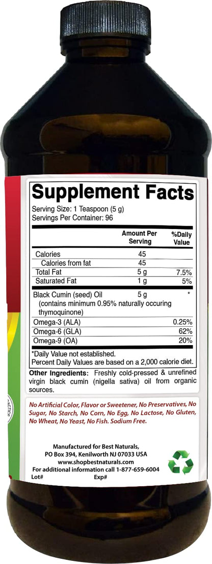 Best Naturals unrefined solvent free Nigella Sativa liquid supplement label detailing immune and digestive health benefits