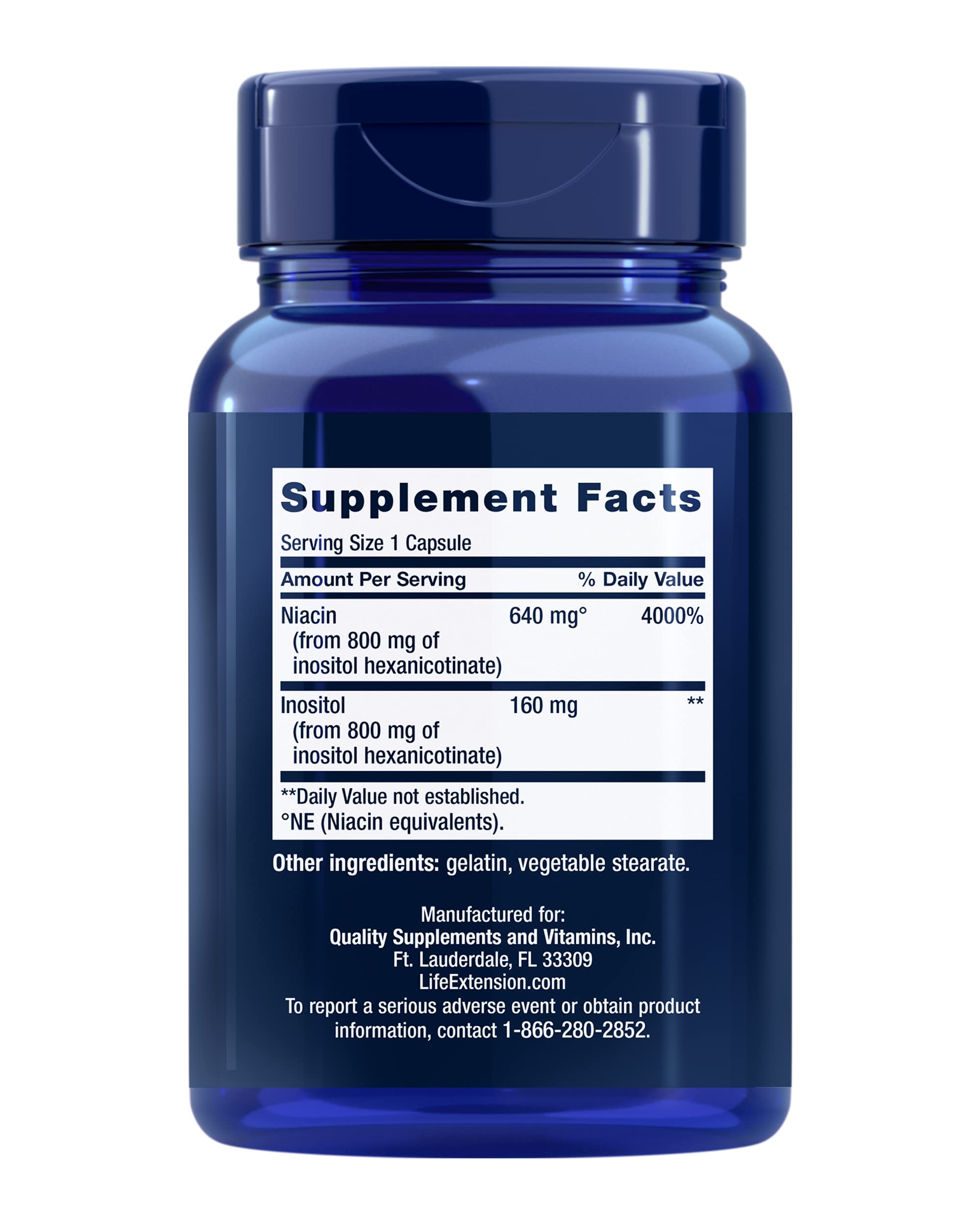 Life Extension Vitamin B3 flush free supplement bottle showing non-GMO certification label