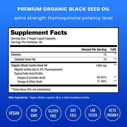 NutraChamps cold pressed black seed oil 1400mg supplement facts panel and ingredient list