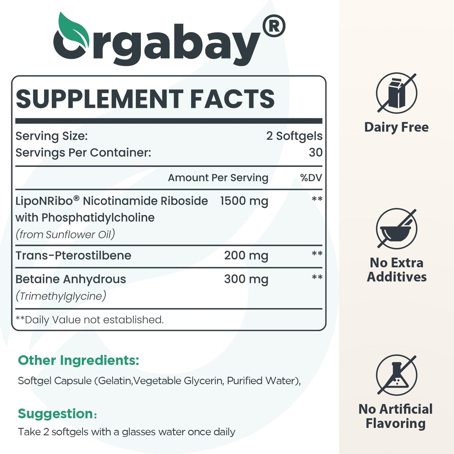 Orgabay Liposomal NAD sixty softgels supplement panel showing high absorption nutritional facts