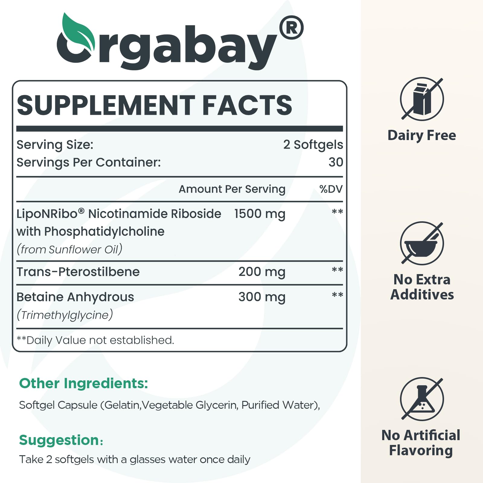 Orgabay Liposomal NAD sixty softgels supplement panel showing high absorption nutritional facts