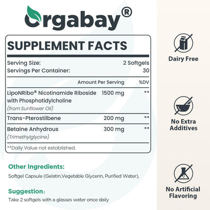 Orgabay Liposomal NAD sixty softgels supplement panel showing high absorption nutritional facts