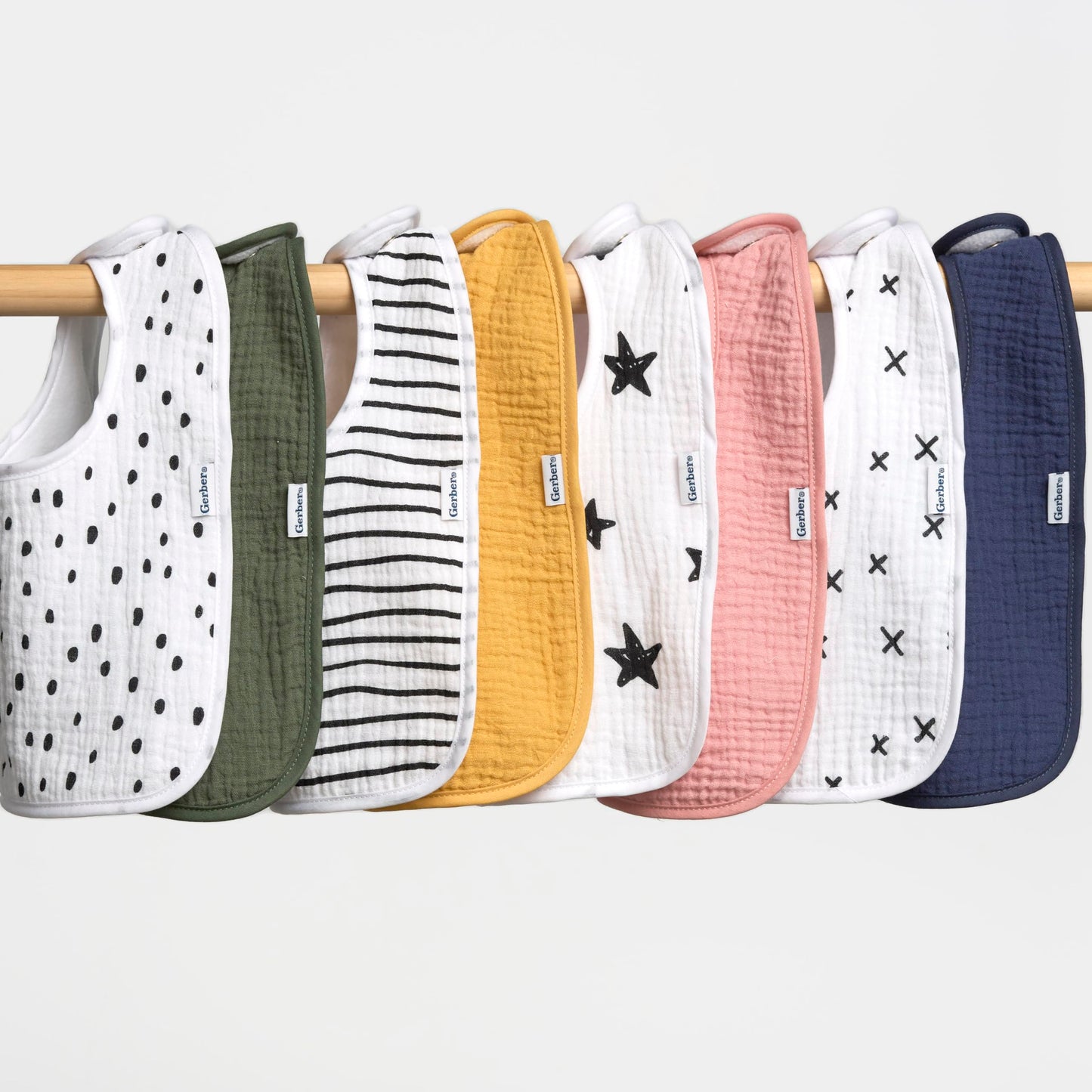 Gerber 8 pack baby bibs with adjustable snap closure